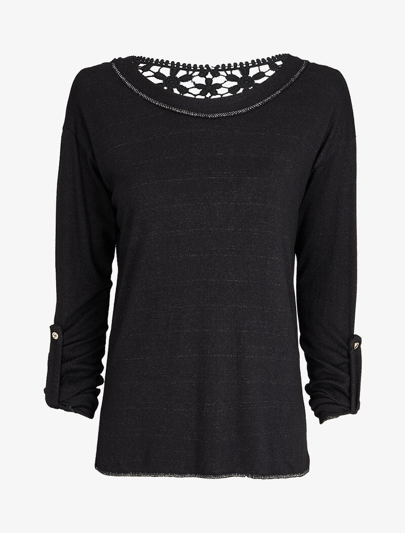 Pull à dos long en crochet - Noir - 1