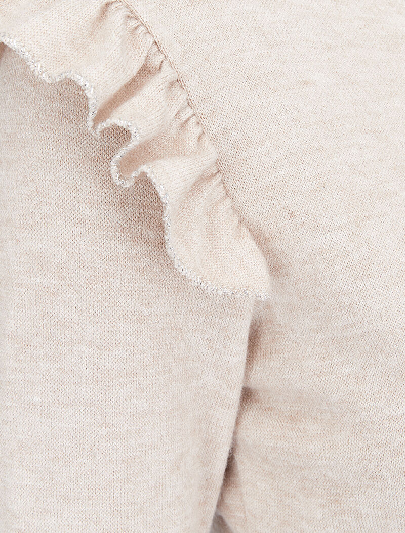 Pull fin à épaules volantées et à liserés lamés - Beige - 4