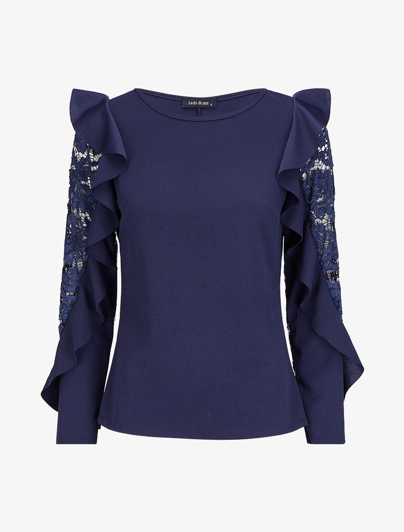 Top volanté à manches en dentelle - Bleu marine - 4