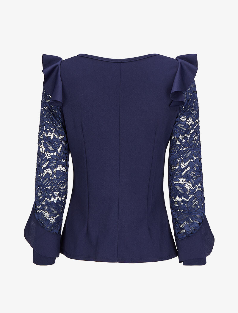 Top volanté à manches en dentelle - Bleu marine - 2