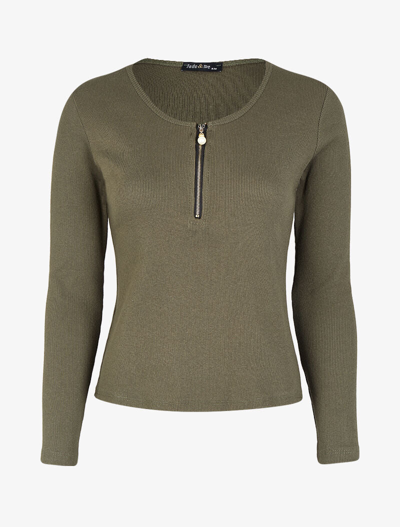 Top côtelé à col rond zippé à détail perles et strass - Kaki - 1