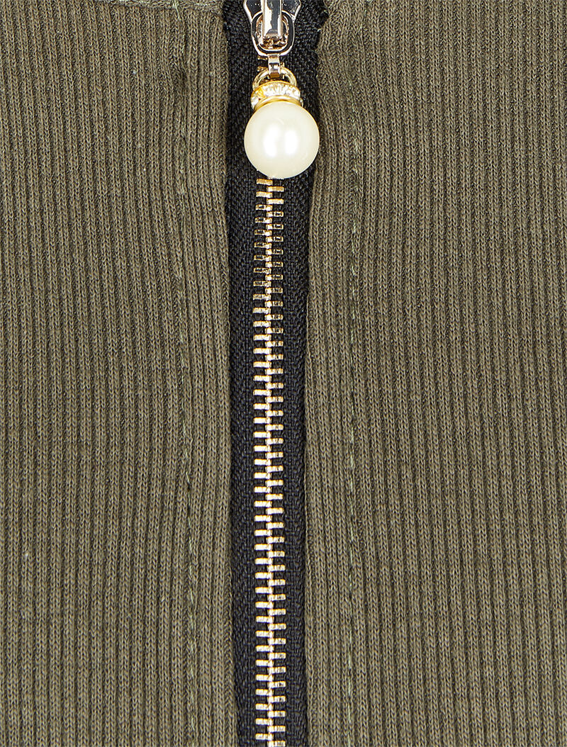 Top côtelé à col rond zippé à détail perles et strass - Kaki - 3