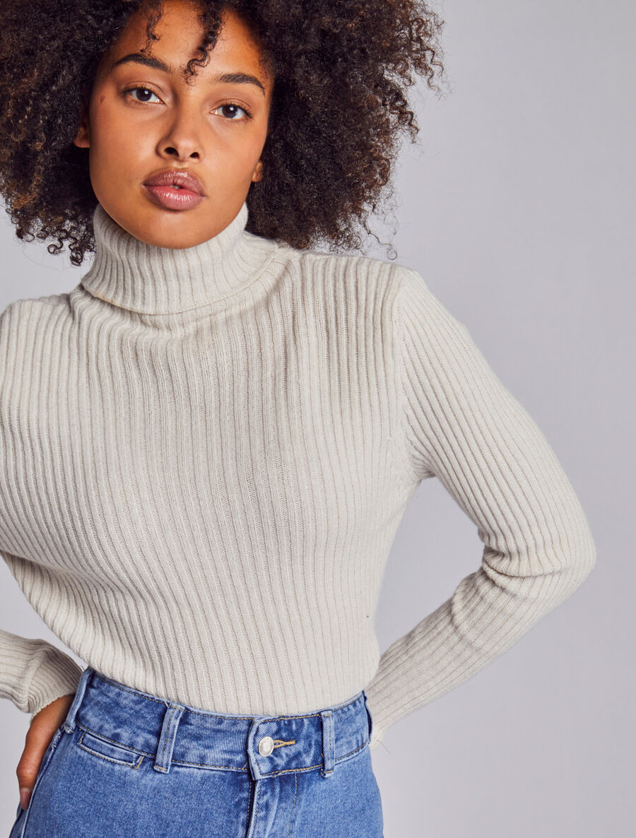 Pull côtelé moulant à col roulé - Écru - 5