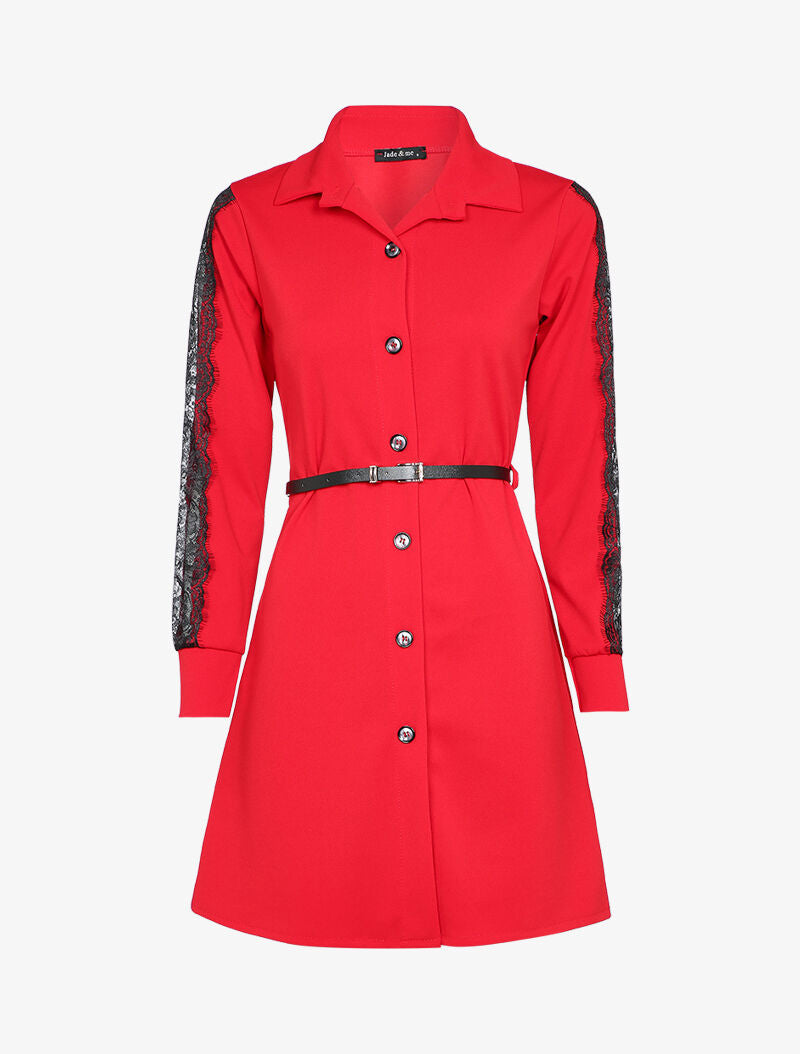 Robe chemise à manches détail dentelle - Rouge - 4
