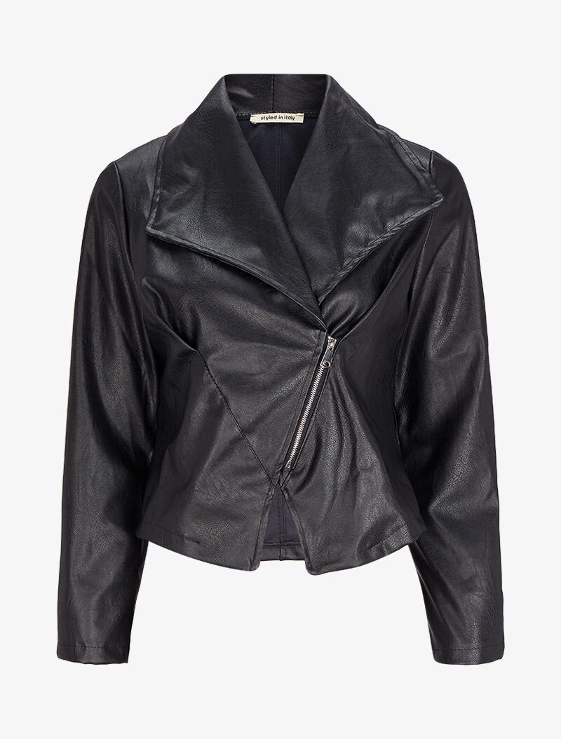 Veste style perfecto en simili à col large - Noir - 4