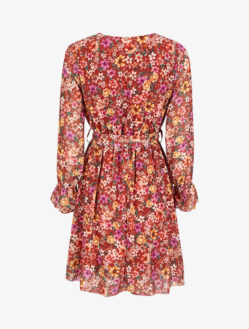 Robe imprimé multi fleurs à col cache-coeur et ceinture - Rouille - 2
