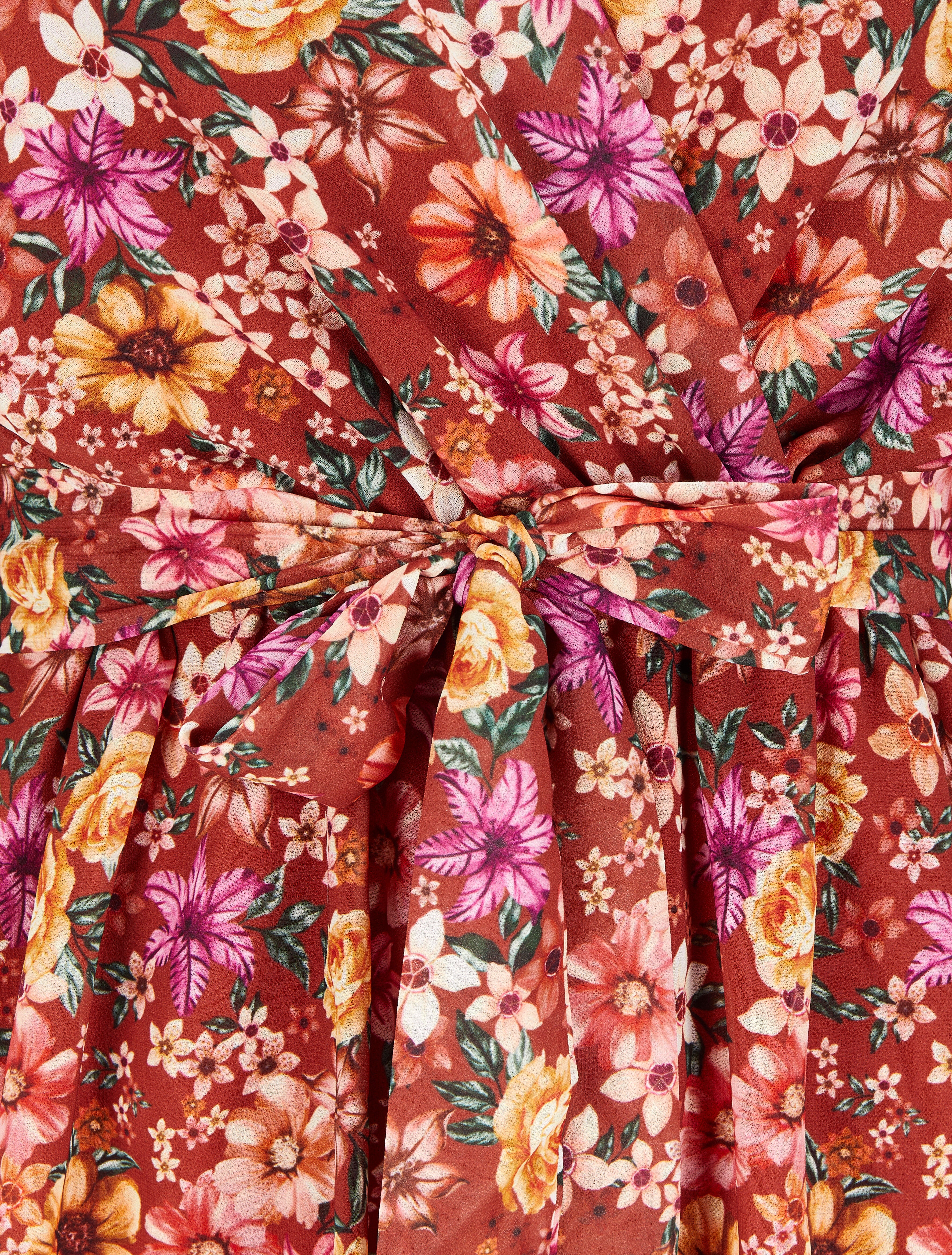 Robe imprimé multi fleurs à col cache-coeur et ceinture - Rouille - 3