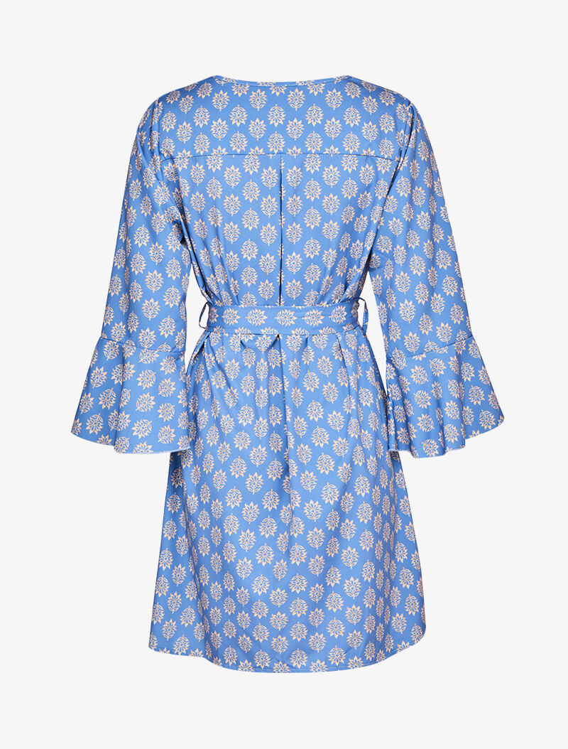 Robe imprimé fleurs graphiques à manches trompettes volantées - Bleu ciel - 2