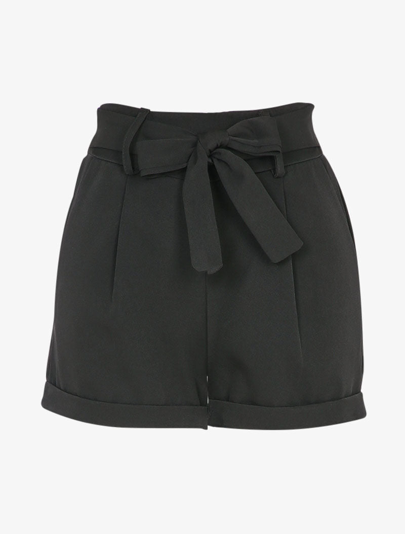 Short taille haute à revers et ceinture à nouer - Noir - 1