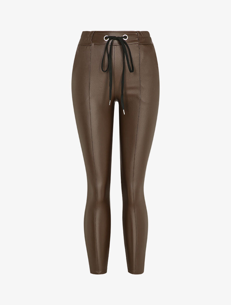 Pantalon ciré coupe slim à coutures contrastantes - Marron - 3
