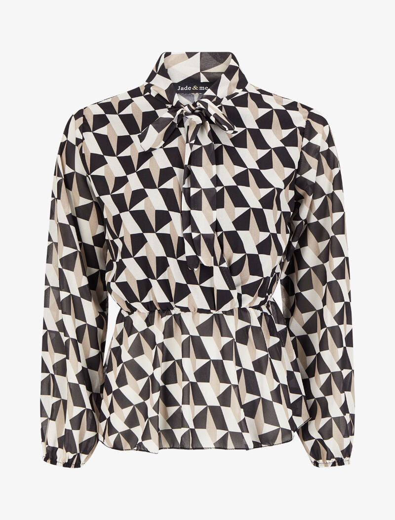 Top péplum à col lavallière et imprimé géométrique - Beige - 1