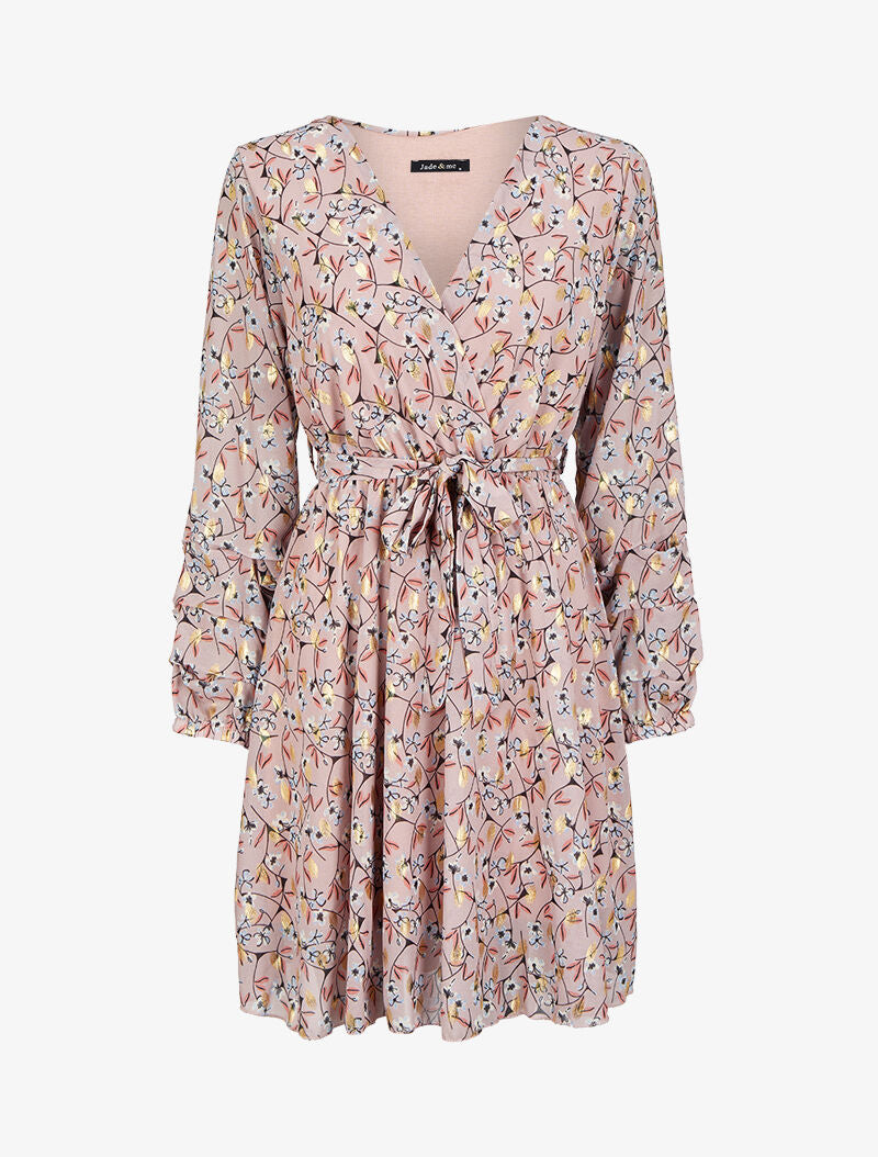 Robe patineuse imprimé fleurs de cerisier lamé à manches plissées - Rose pâle - 1