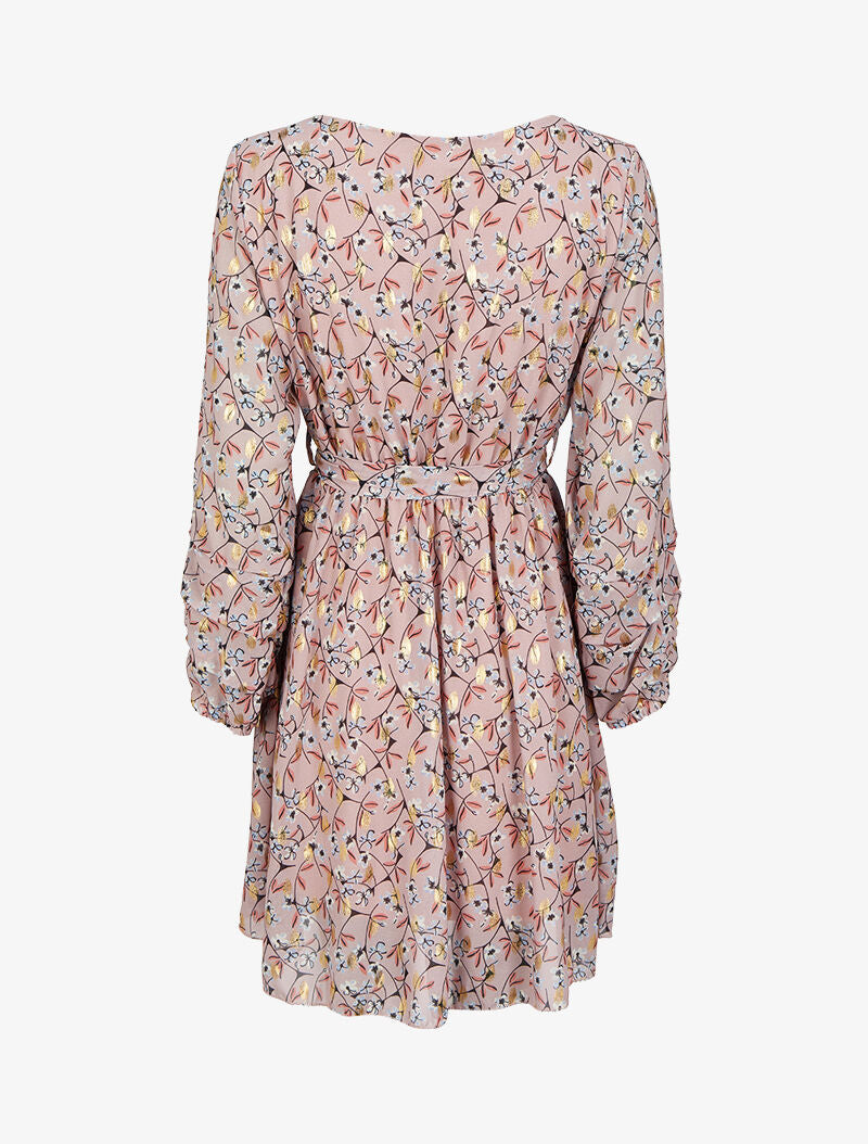 Robe patineuse imprimé fleurs de cerisier lamé à manches plissées - Rose pâle - 2