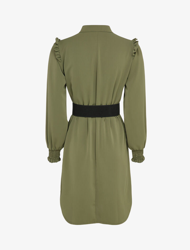Robe satinée à épaules volantées et manches bouffantes - Kaki - 2