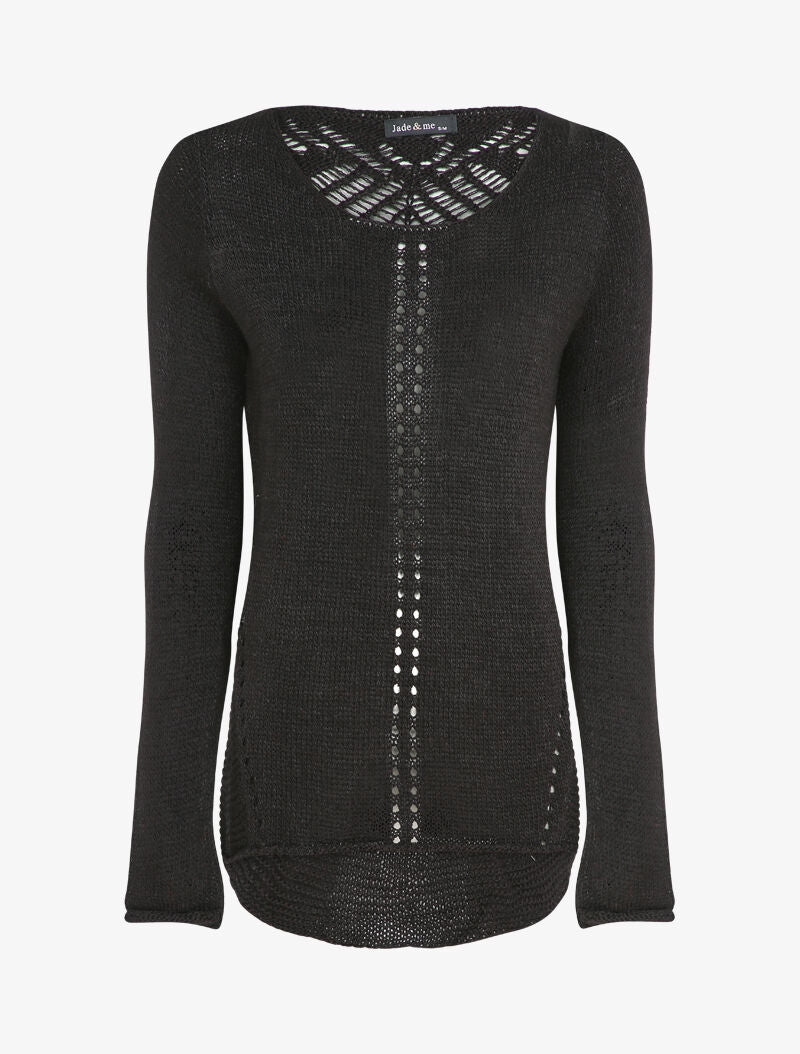 Pull à dos long ajouré et stylisé - Noir - 4