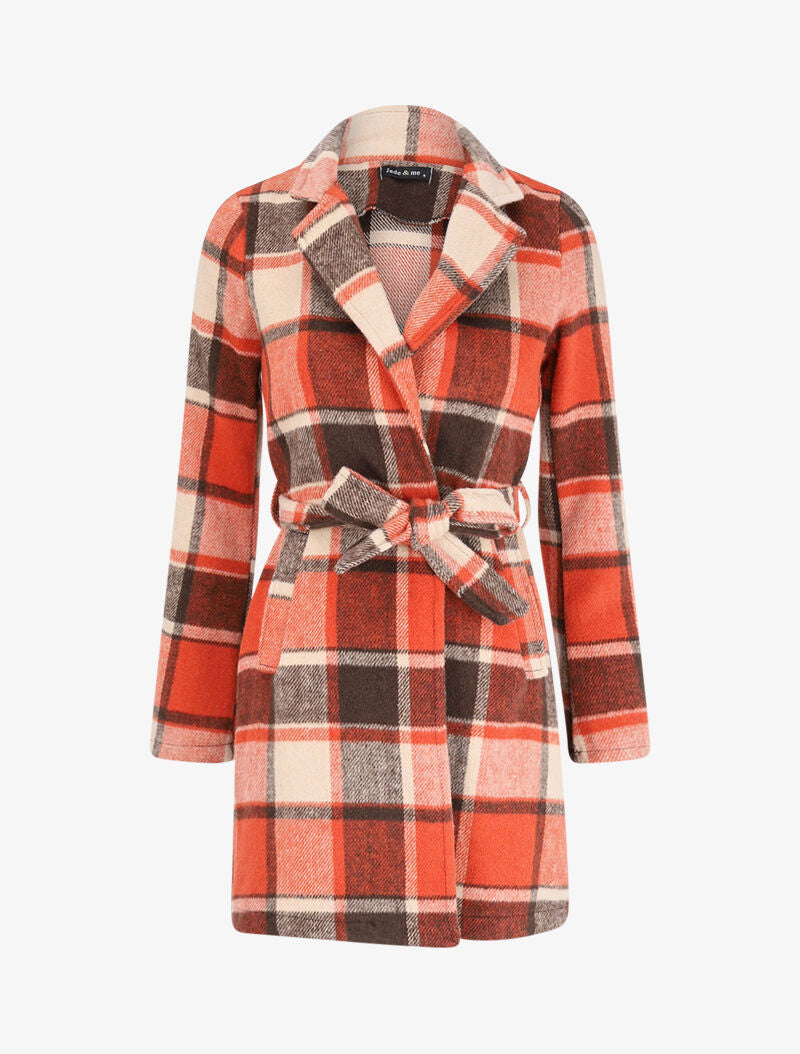Manteau ceinturé à carreaux - Orange - 1