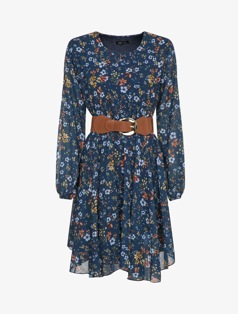 Robe patineuse imprimé fleurs champêtres à col rond - Marine - 4