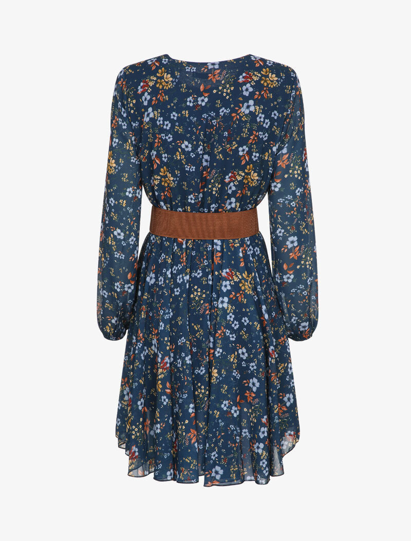 Robe patineuse imprimé fleurs champêtres à col rond - Marine - 2