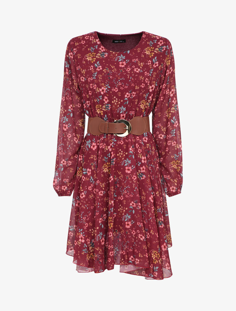 Robe patineuse imprimé fleurs champêtres à col rond - Bordeaux - 1