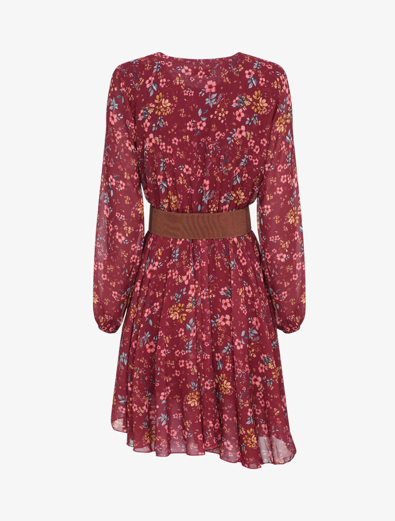 Robe patineuse imprimé fleurs champêtres à col rond - Bordeaux - 2