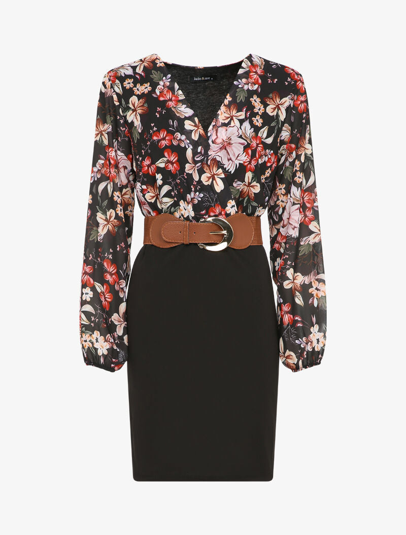 Robe cache-coeur bi-matière imprimé floral - Noir - 4