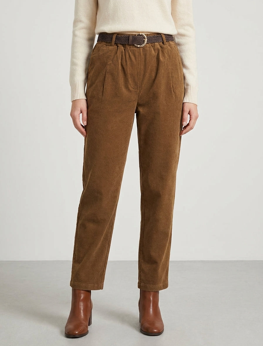 Paperbag-Hose im Cord-Look - Kamel