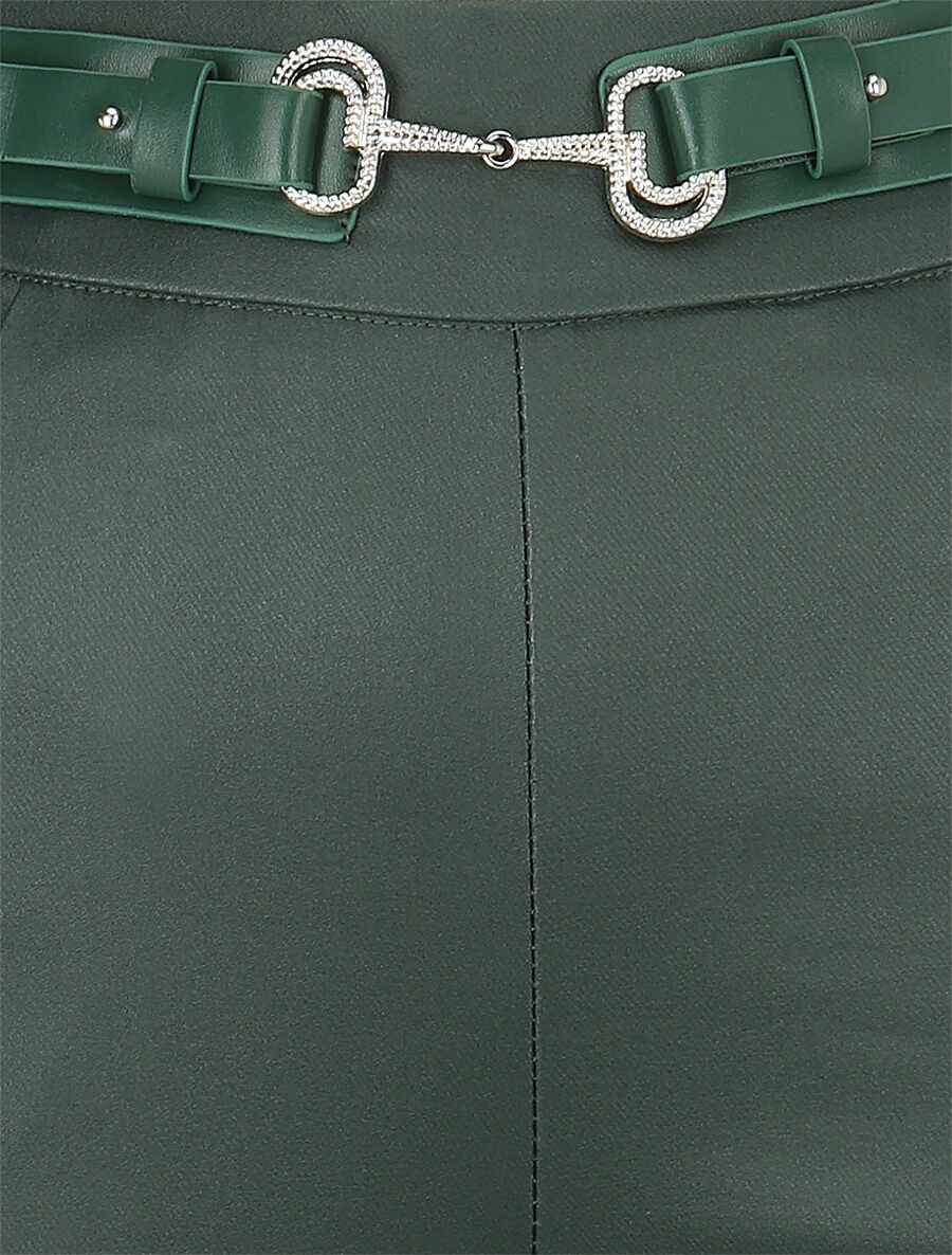 Pantalon uni en simili à détail bijou - Vert sapin - 3