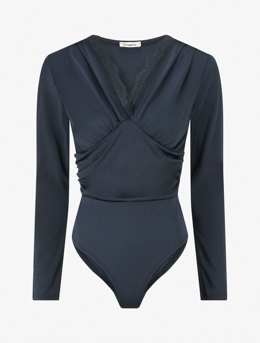Body à détail dentelle et ventre plissé - Marine - 1