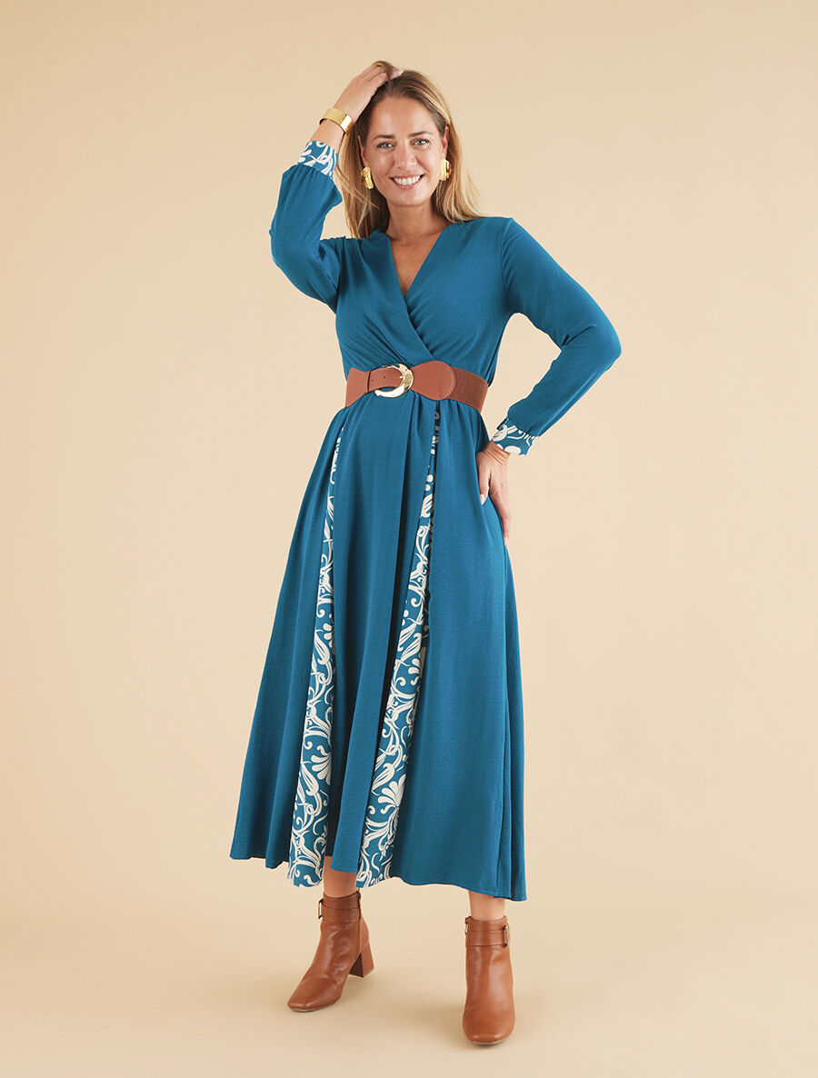 Robe longue à pans imprimé baroque - Bleu lagon - 4