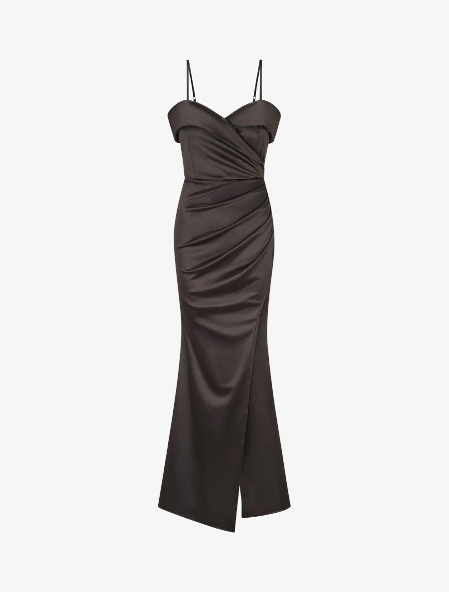 Robe longue fendue à col V - Noir - 1