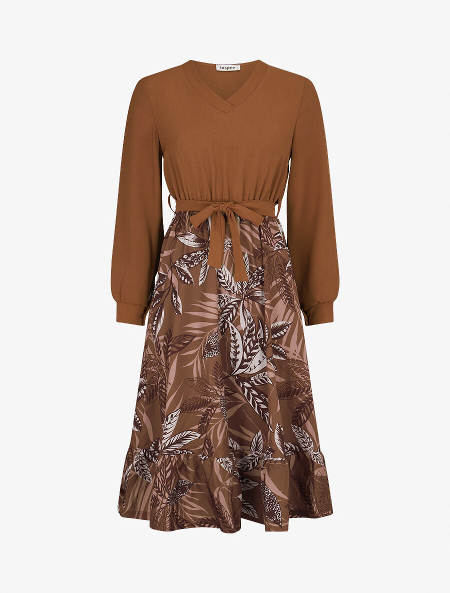 Robe patineuse à jupe imprimé tropical - Camel - 1