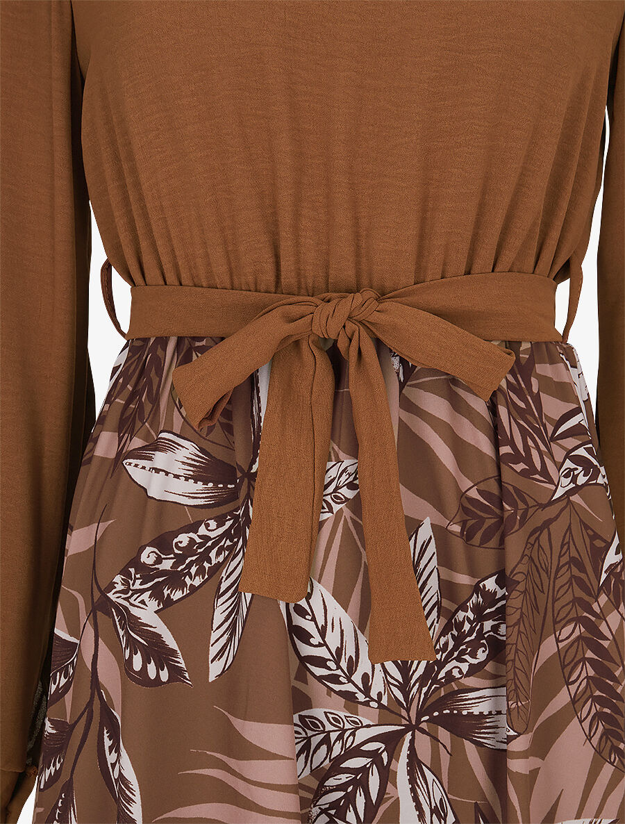 Robe patineuse à jupe imprimé tropical - Camel - 3