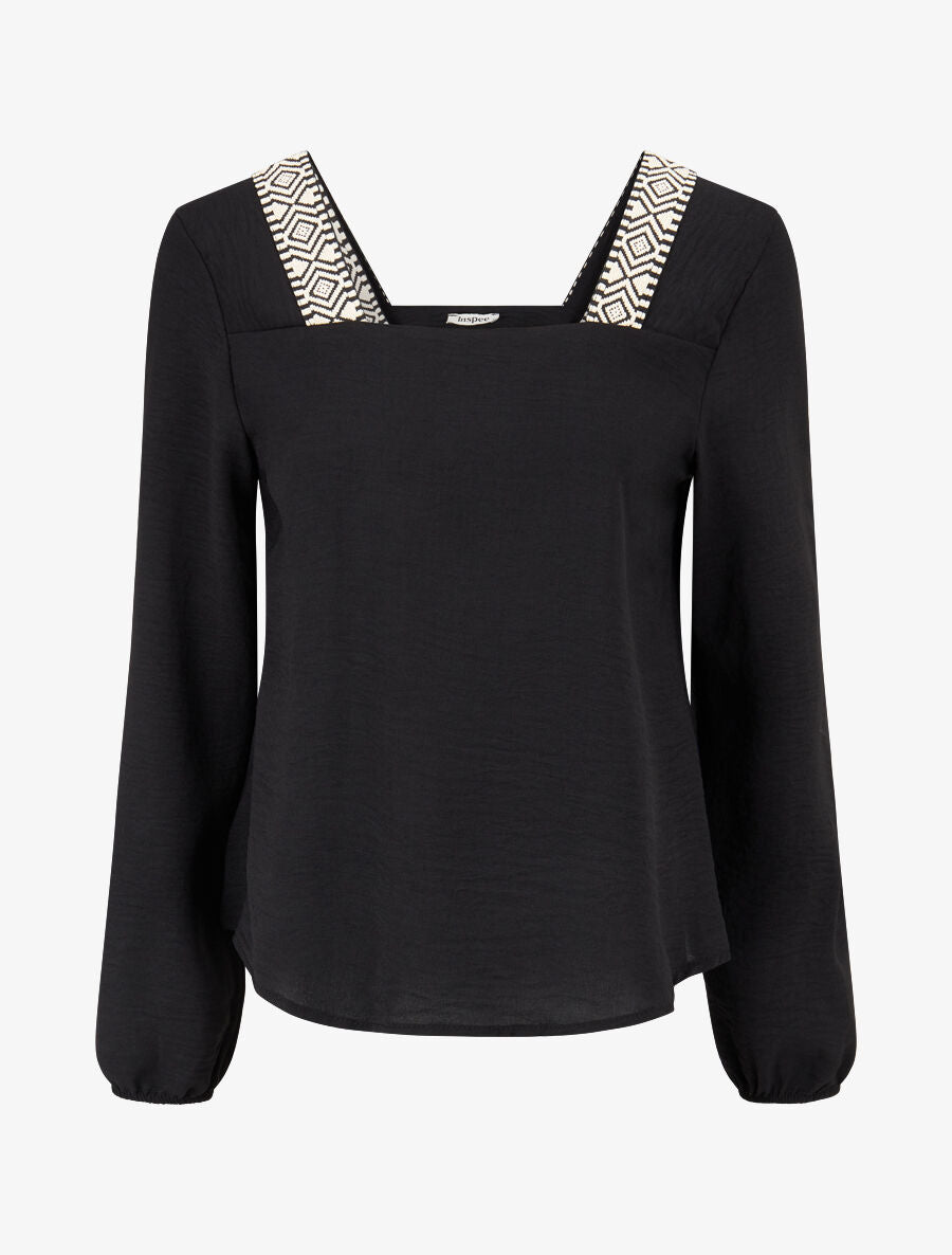 Top à col carré imprimé fantaisie - Noir - 1