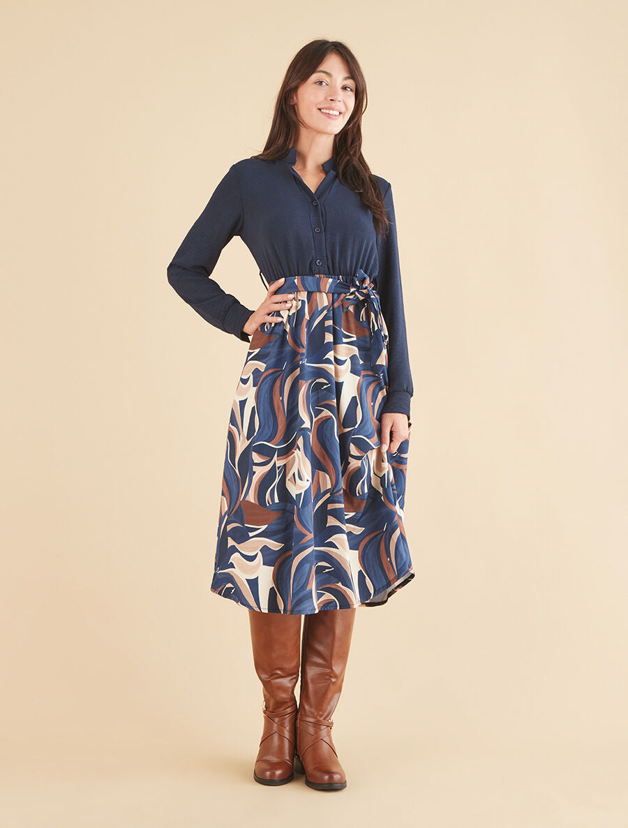 Robe imprimée à buste chemise - Marine - 4