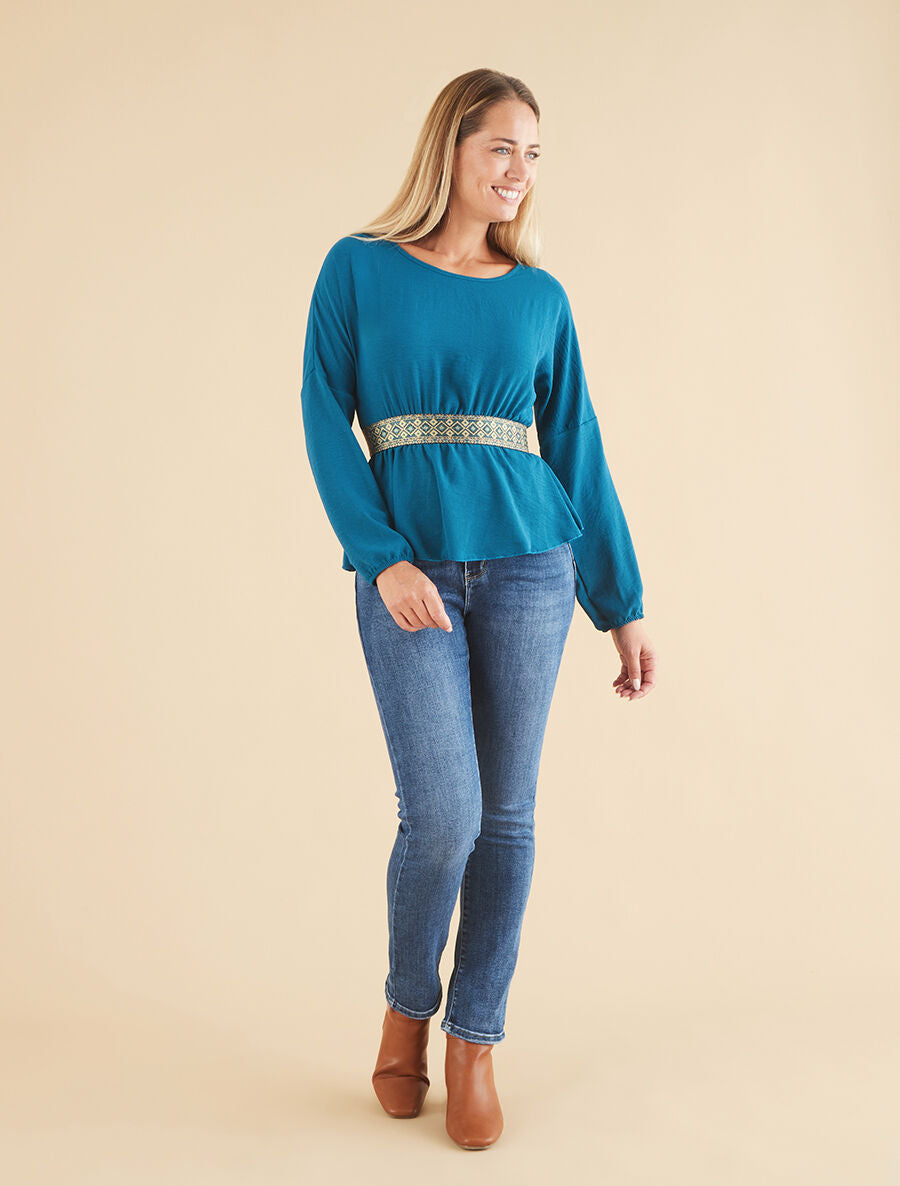 Blouse élastiquée à bande irisée - Bleu canard - 4