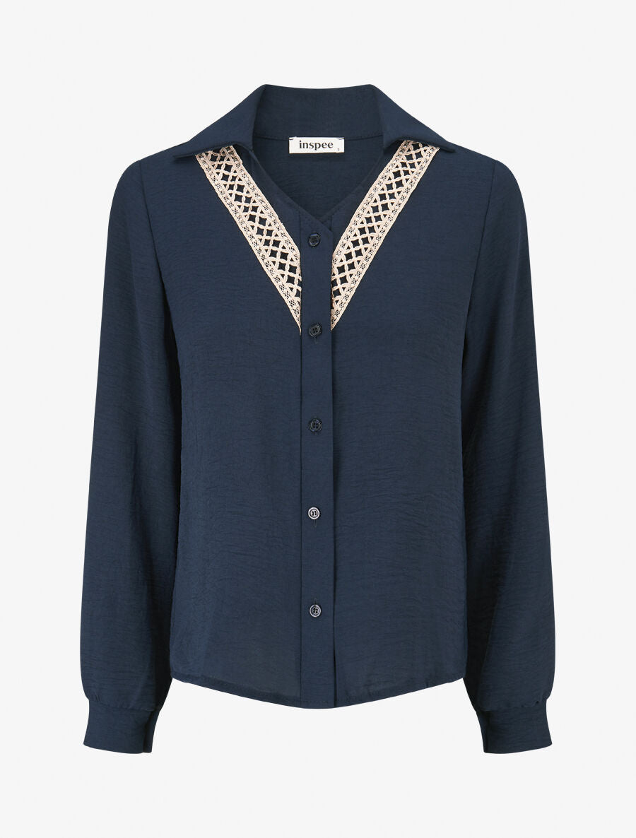 Chemise unie à col brodé - Marine - 1
