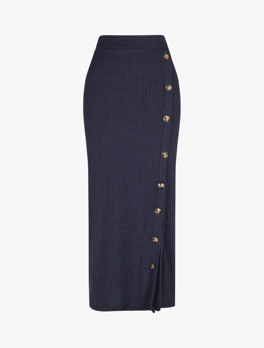 Jupe longue fendue en maille - Marine - 5