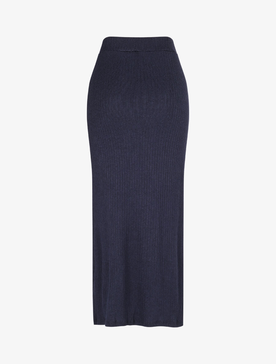 Jupe longue fendue en maille - Marine - 2