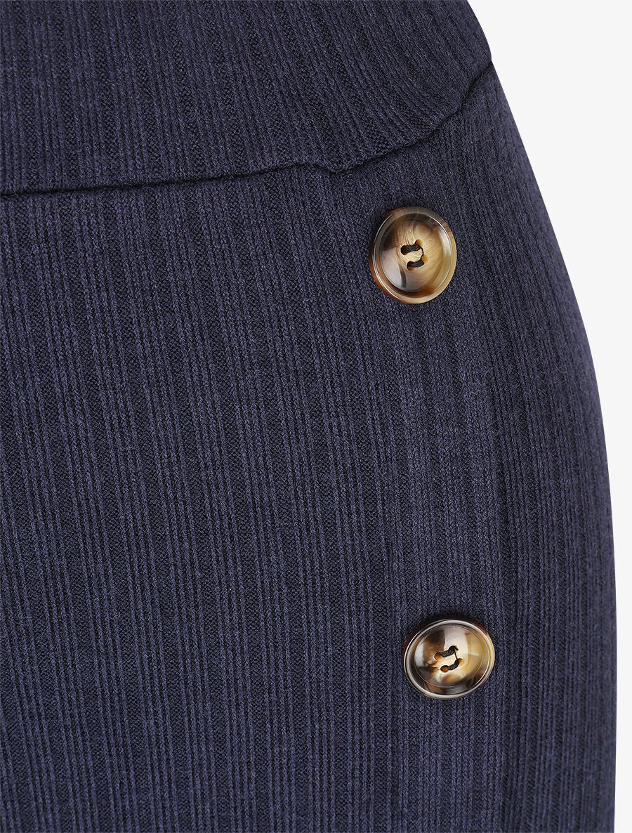 Jupe longue fendue en maille - Marine - 3