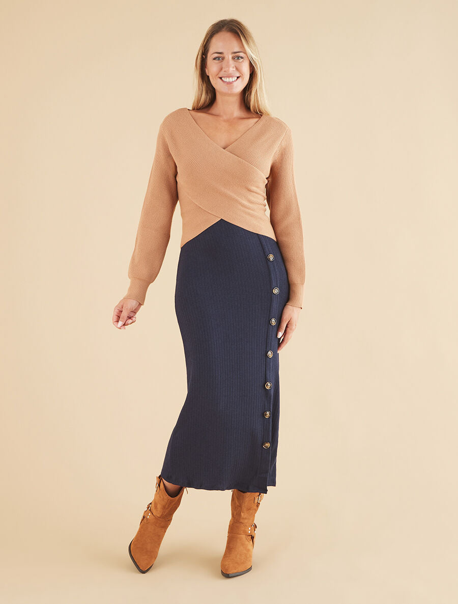 Jupe longue fendue en maille - Marine - 4