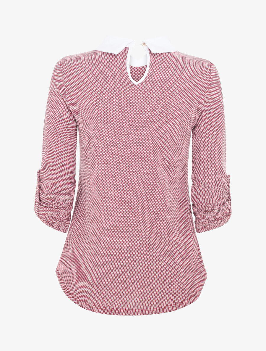 Pull fin à col chemise et manches retroussables - Bordeaux - 2