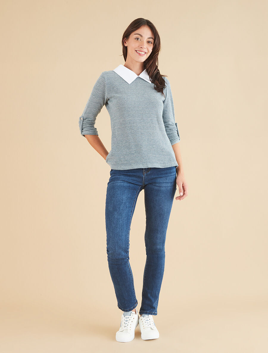 Pull fin à col chemise et manches retroussables - Bleu canard - 4