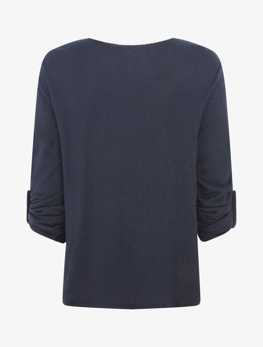 Pull fin à flocage coeur et strass - Marine - 2