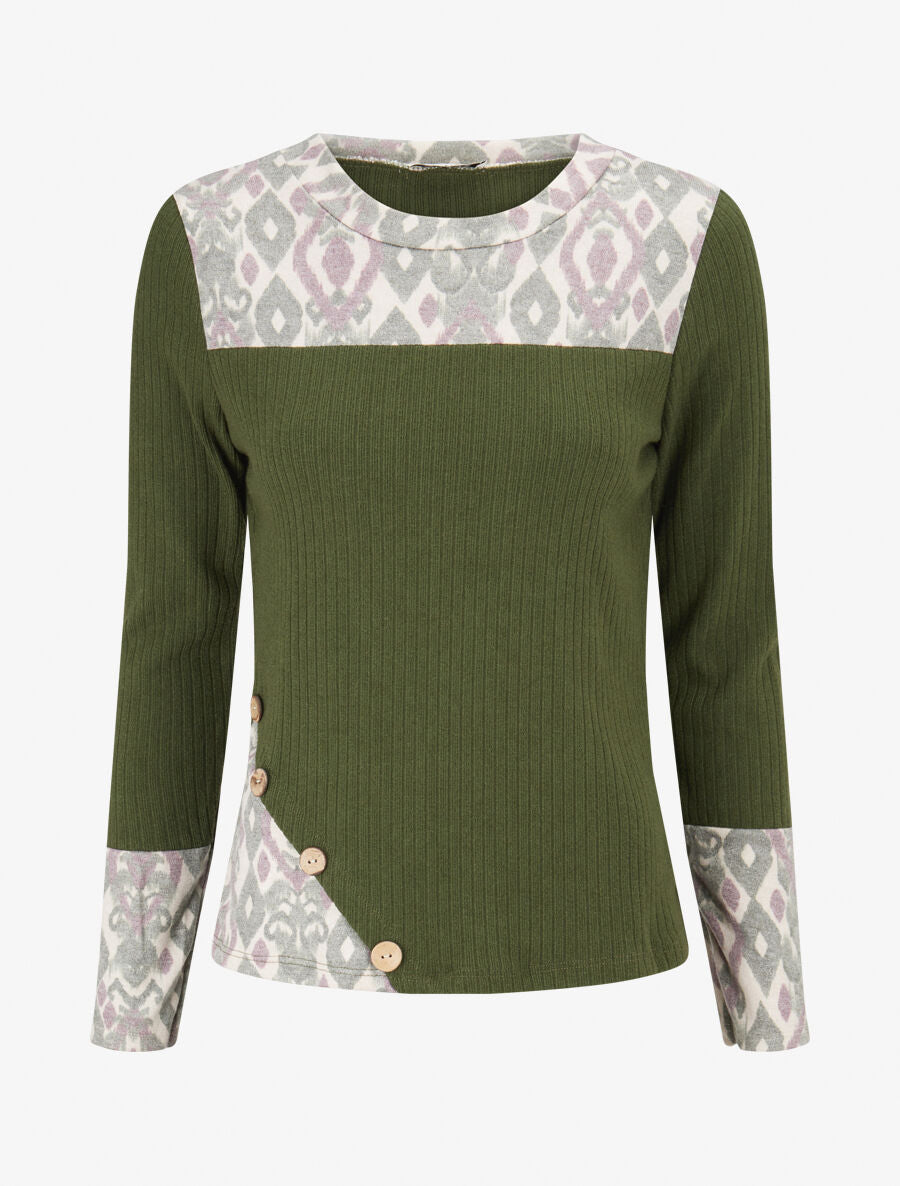 Pull côtelé à imprimé graphique et boutons décoratifs - Kaki - 1