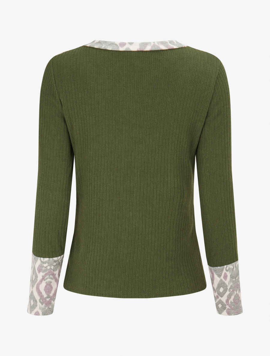 Pull côtelé à imprimé graphique et boutons décoratifs - Kaki - 2