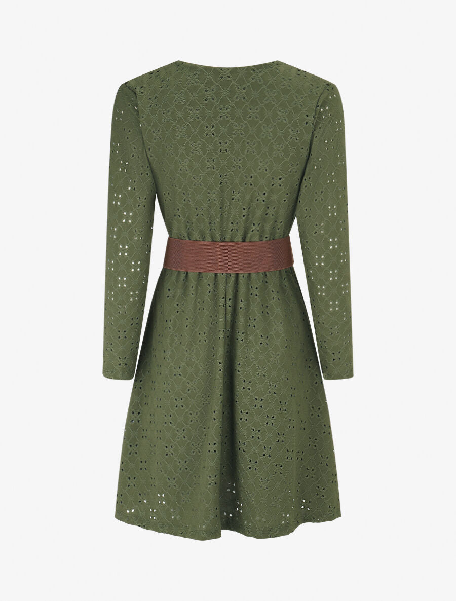 Robe unie élastiquée et ajourée - Kaki - 2