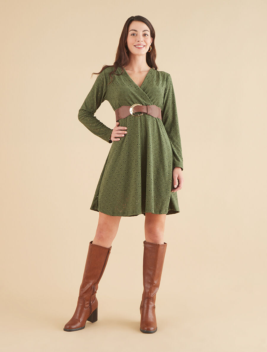 Robe unie élastiquée et ajourée - Kaki - 4