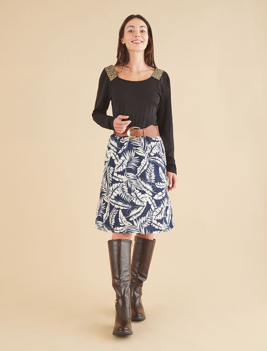 Robe bimatière à col à bandes élastiquées stylisées - Marine - 4