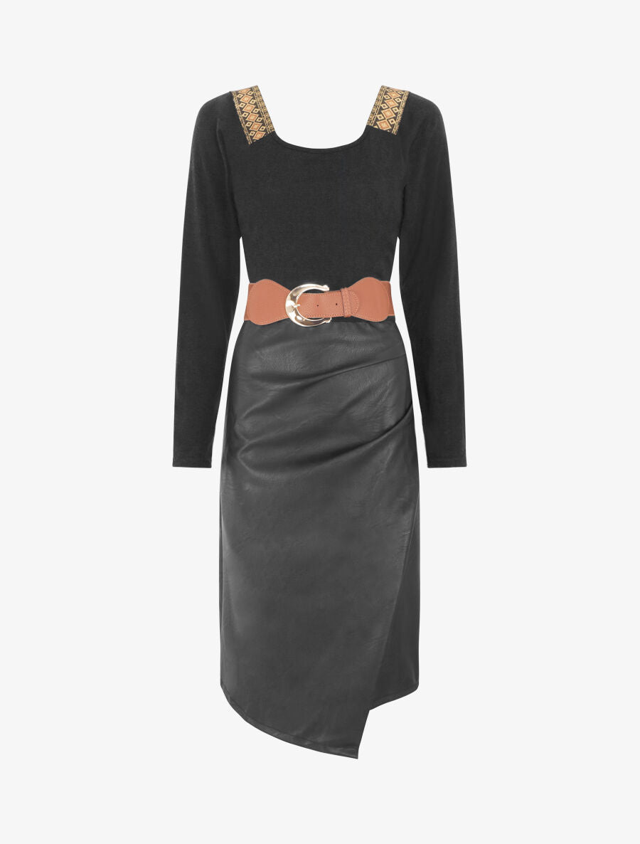 Robe bimatière effet portefeuille à col stylisé - Noir - 5
