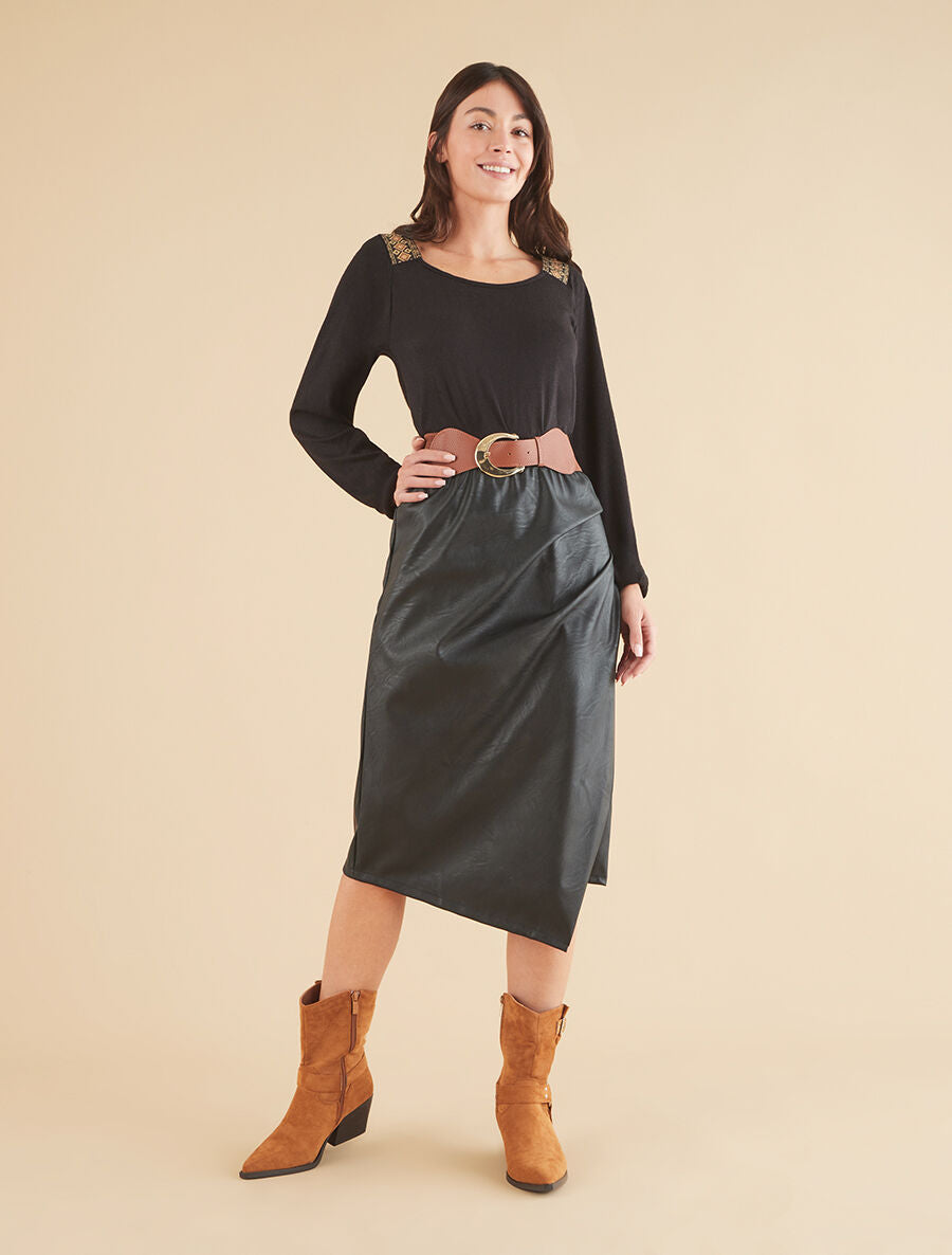 Robe bimatière effet portefeuille à col stylisé - Noir - 4